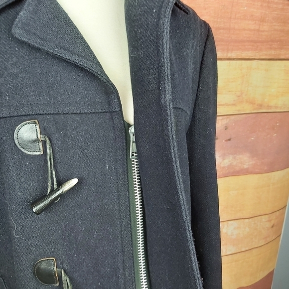 VINTAGE wool pea coat with leather buttonhole winter coat plaid lining fit large - Picture 4 of 11